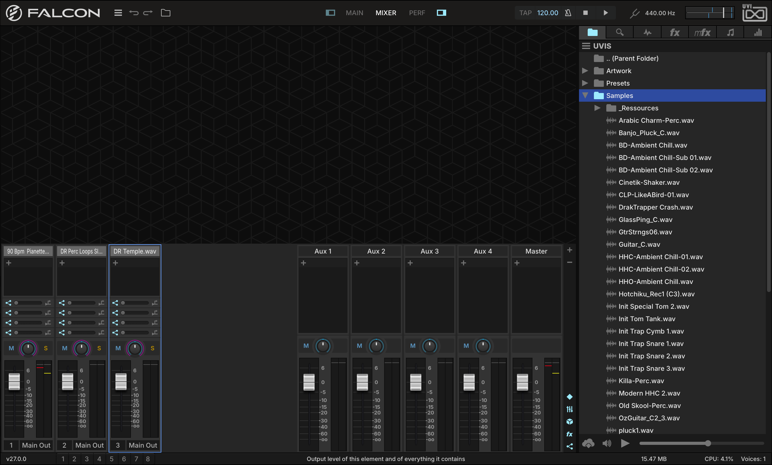 The Mixer view with three loop parts on the left, four aux channels and the master on the right
