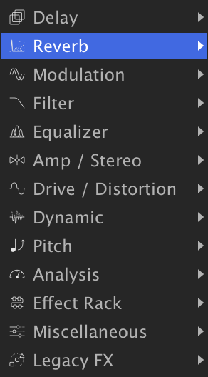 Aux insert menu with the Reverb category highlighted
