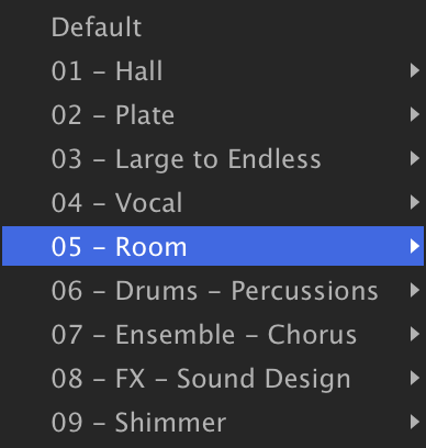 SparkVerb preset folders with 05 - Room highlighted