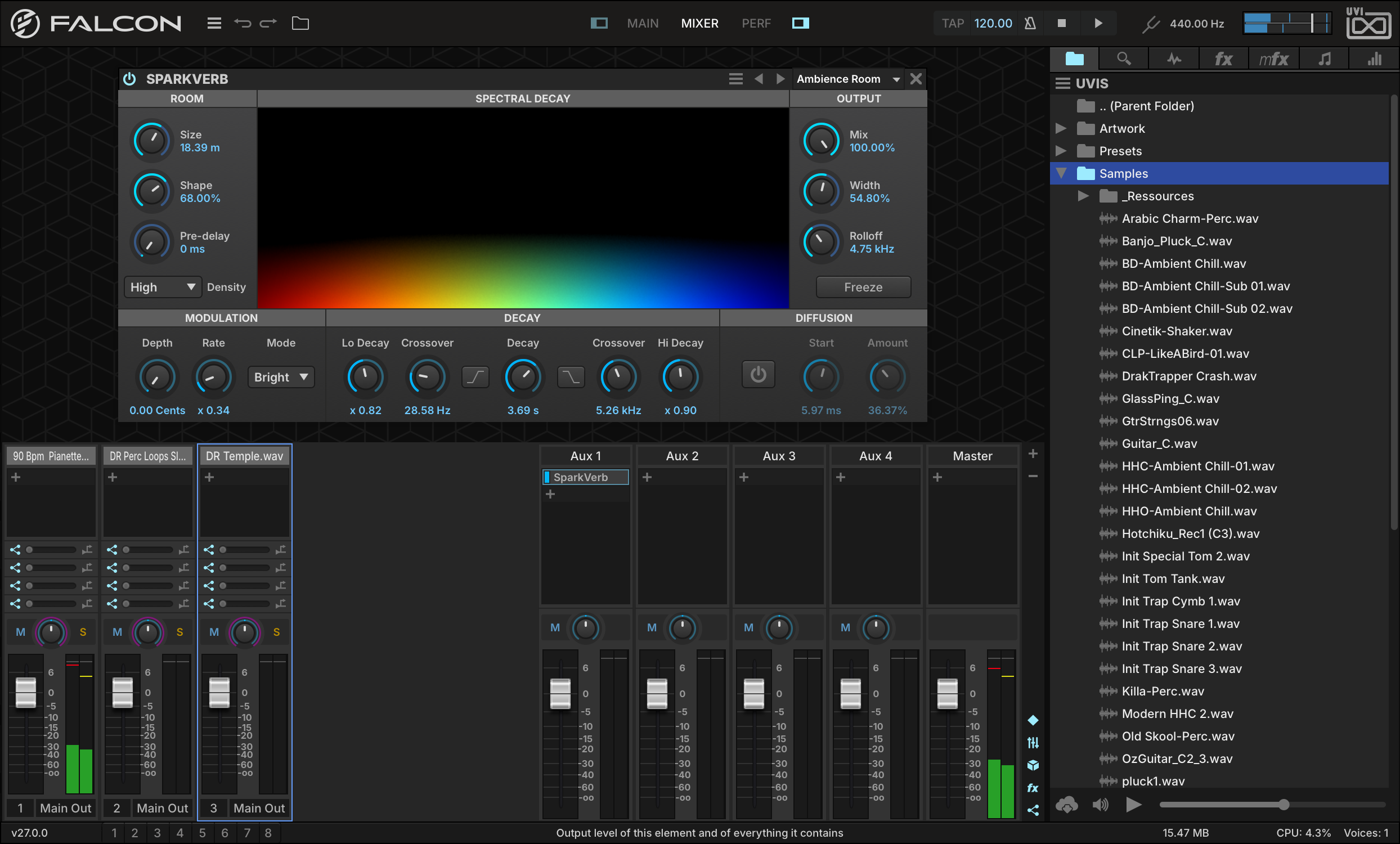 SparkVerb on Aux 1, its spectral decay display above the mixer