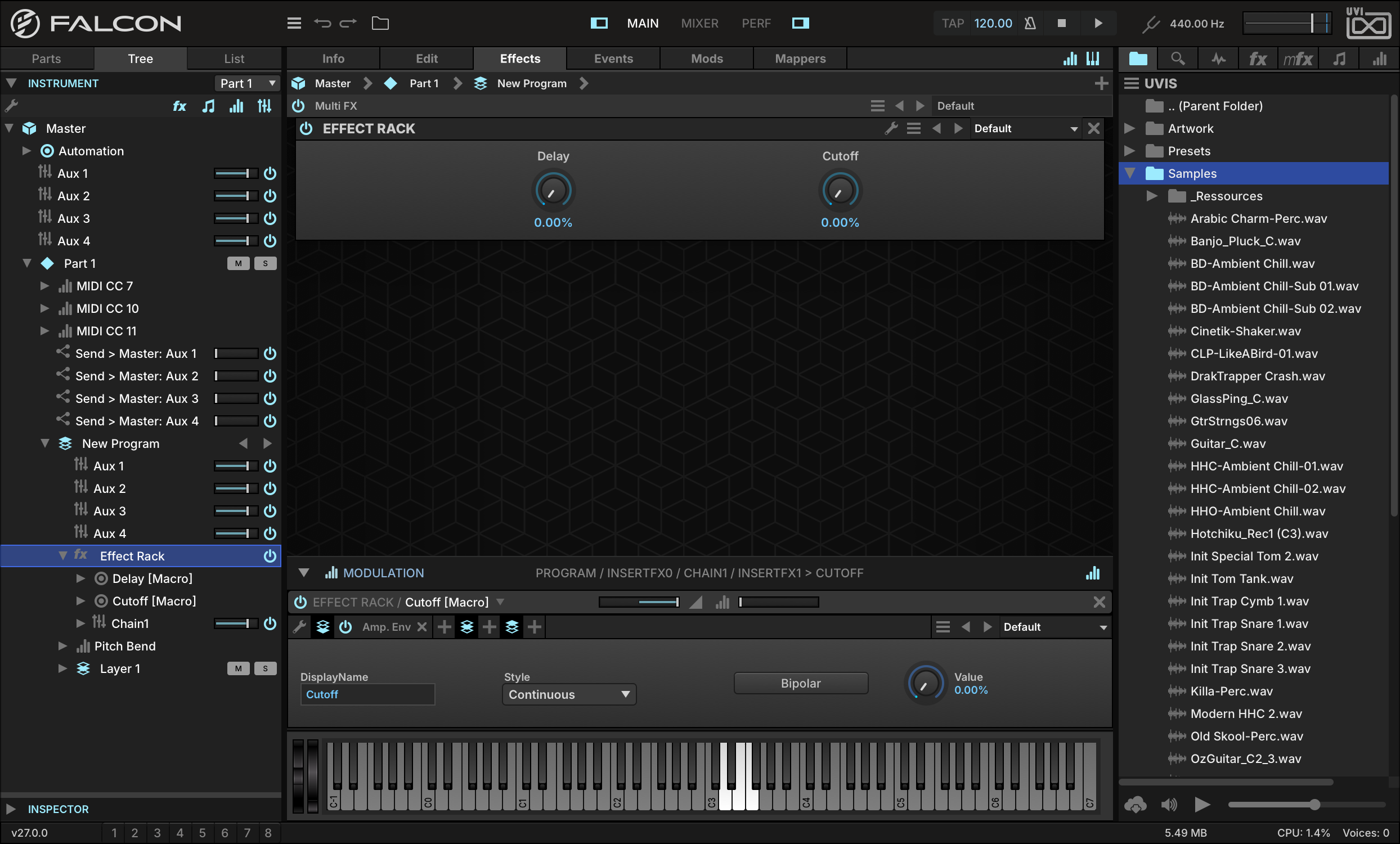 Effect Rack front panel with the Delay and Cutoff macros