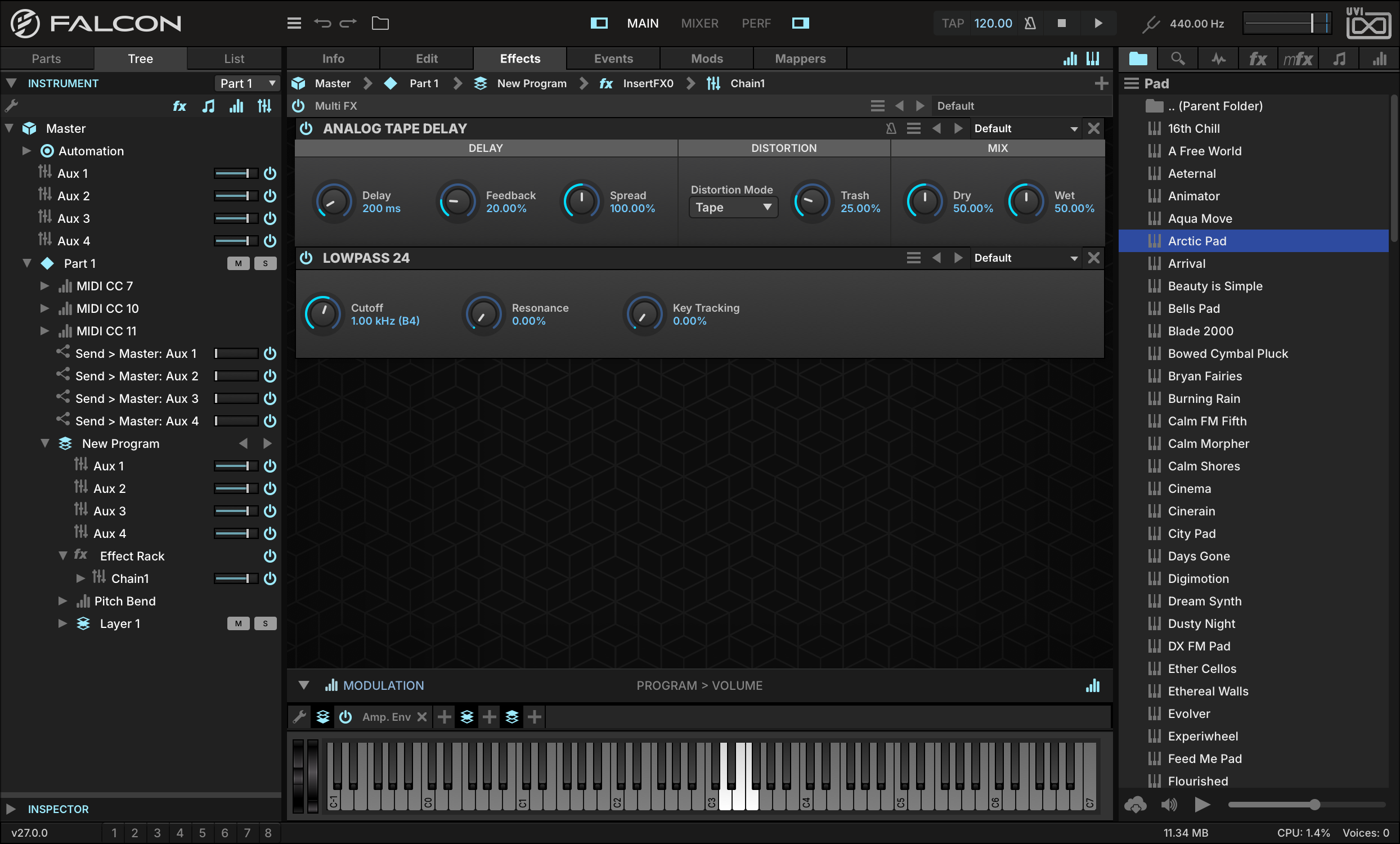 Chain 1 of the Effect Rack holding Analog Tape Delay and Lowpass 24, in the Effects tab