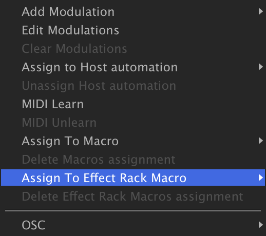 Delay knob context menu, Assign To Effect Rack Macro