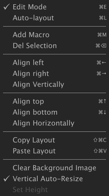 Edit Mode context menu with the layout and alignment options