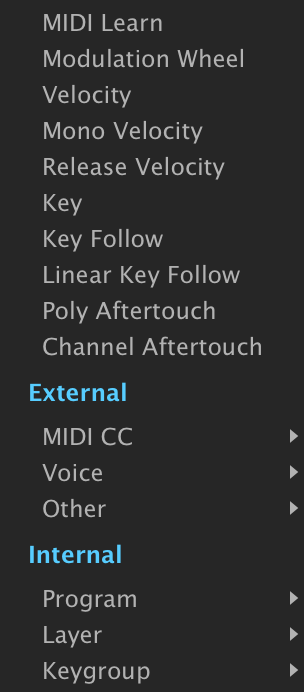 Add Modulation submenu with the Keygroup entry