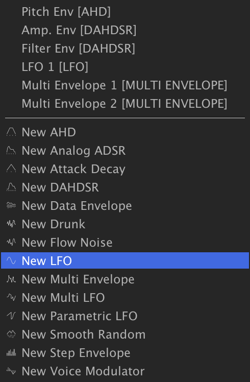 Keygroup modulator list, New LFO