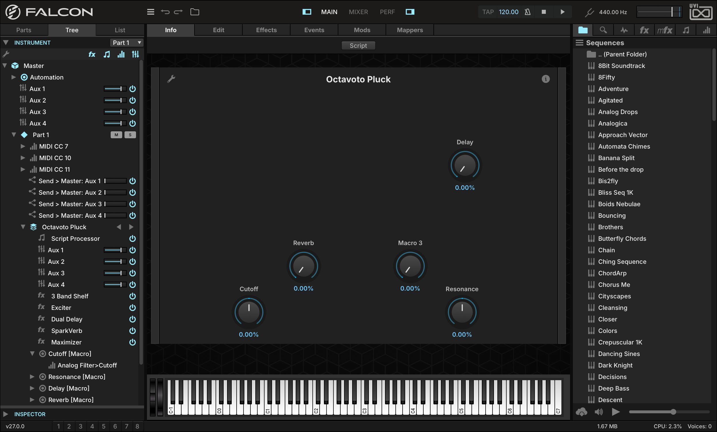Info tab in the standard view, with the new Macro 3 knob among the program’s macros