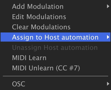 Volume slider context menu, Assign to Host automation