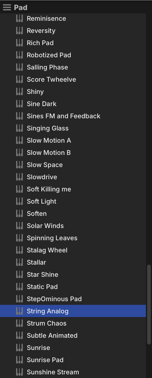Browser Pad list with String Analog selected