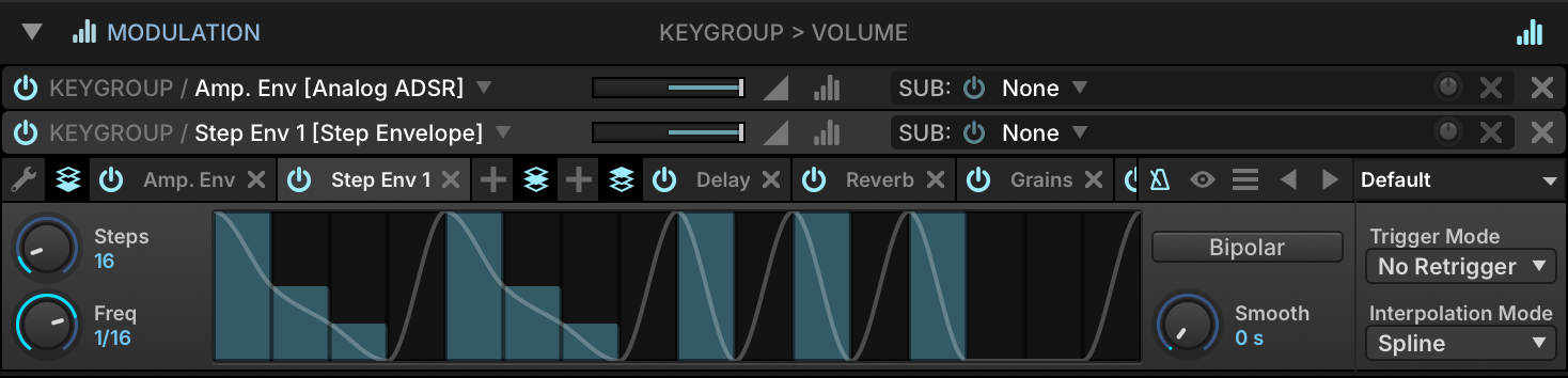 Step Envelope with Interpolation Mode set to Spline, a smooth curve drawn through the bars