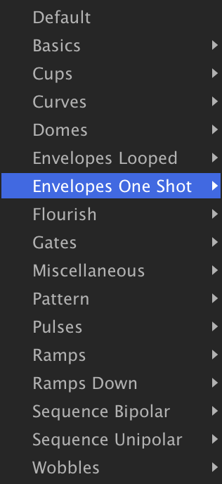 Multi Envelope preset menu, Envelopes One Shot