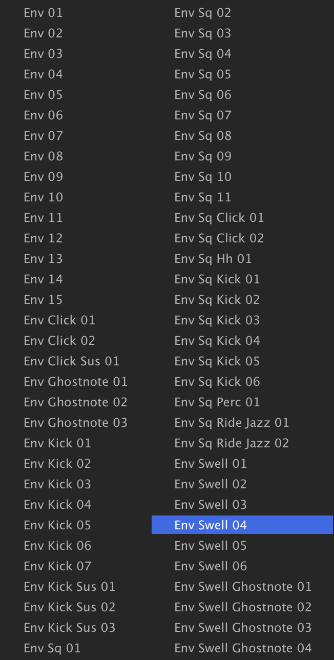 Envelopes One Shot presets with Env Swell 04 highlighted