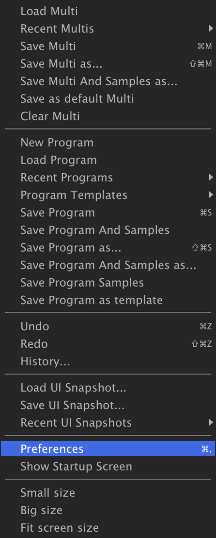 Main menu with Preferences highlighted