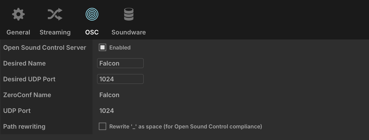 Preferences OSC tab with Open Sound Control Server enabled