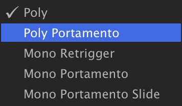 Layer Play Mode menu with Poly Portamento selected