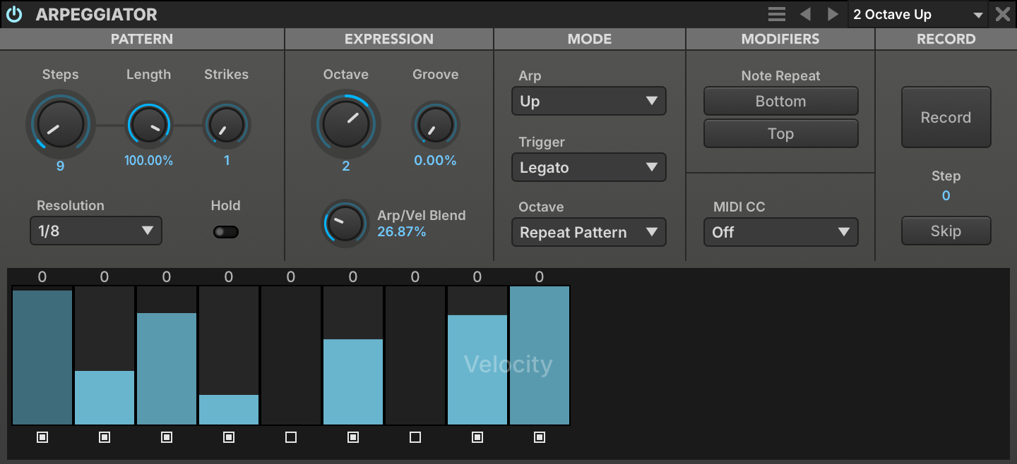 Arpeggiator with Steps at 9, Resolution at 1/8, and steps 5 and 7 off