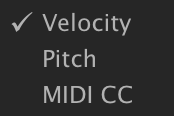 Step grid context menu: Velocity, Pitch, MIDI CC
