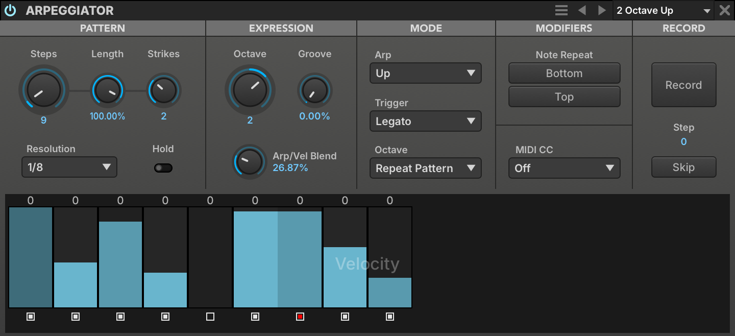 Arpeggiator with Strikes at 2 and step 7 merged with step 6