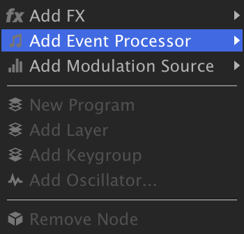 Master node context menu with Add Event Processor highlighted