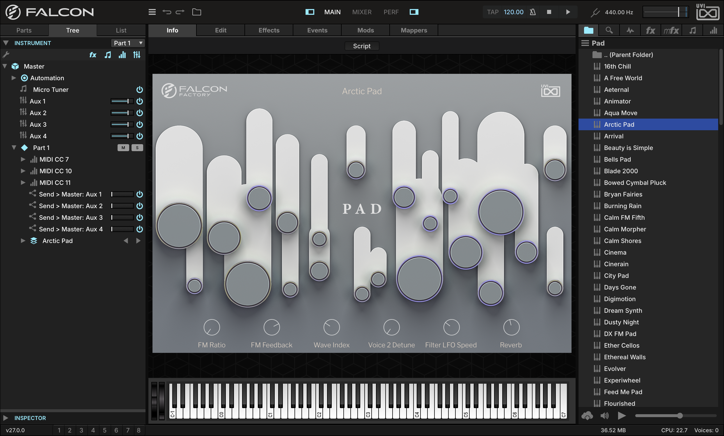 Micro Tuner on the Master in the Events tab, with Arctic Pad selected in the Pad folder of Falcon Factory rev2