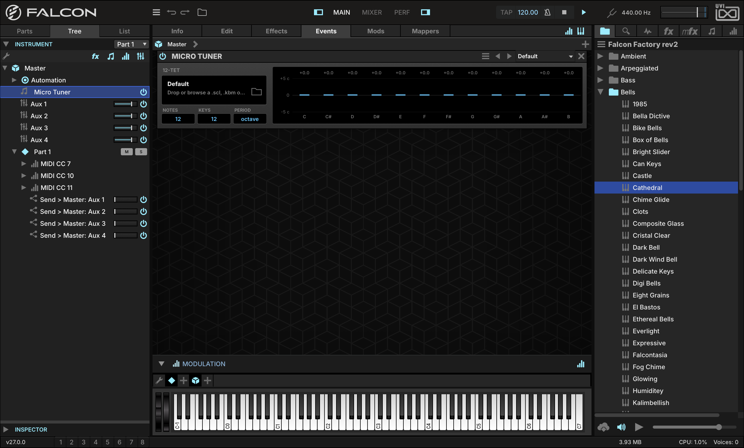 The new Micro Tuner on the Master node, open in the Events editor in its default state