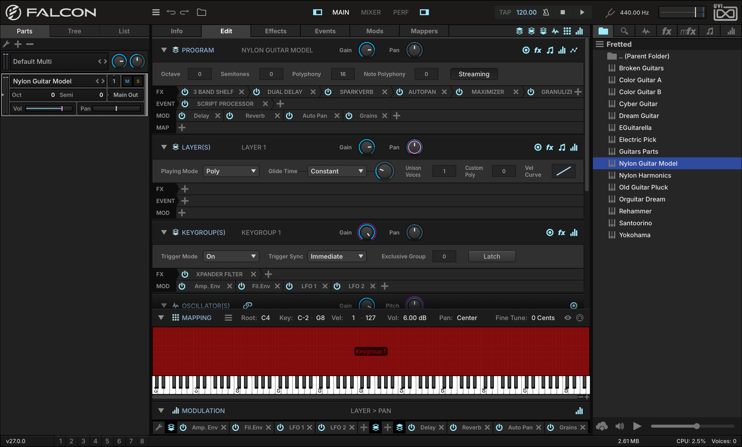 Nylon Guitar Model loaded from the Fretted browser, with a Script Processor in the program’s Event slot