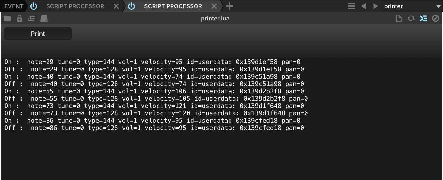 Script Processor running printer.lua, with note-on and note-off lines in the console