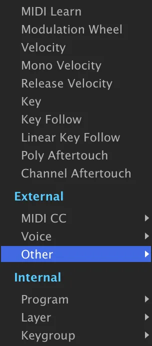 Add Modulation menu, showing the Quick, External, and Internal sections