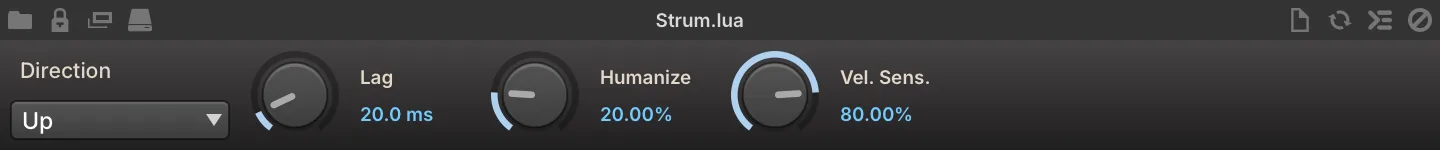 Strum script controls: Direction, Lag, Humanize and Vel. Sens.
