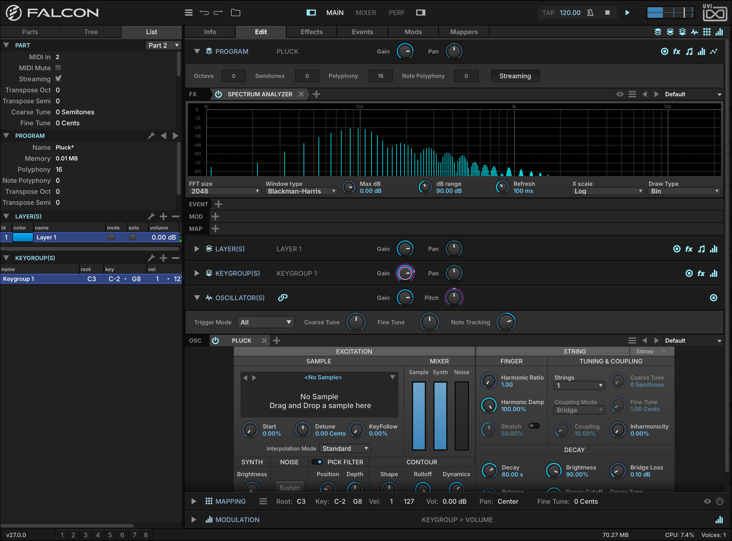 A program with one layer, one keygroup and a Pluck oscillator, routed into a Spectrum Analyzer