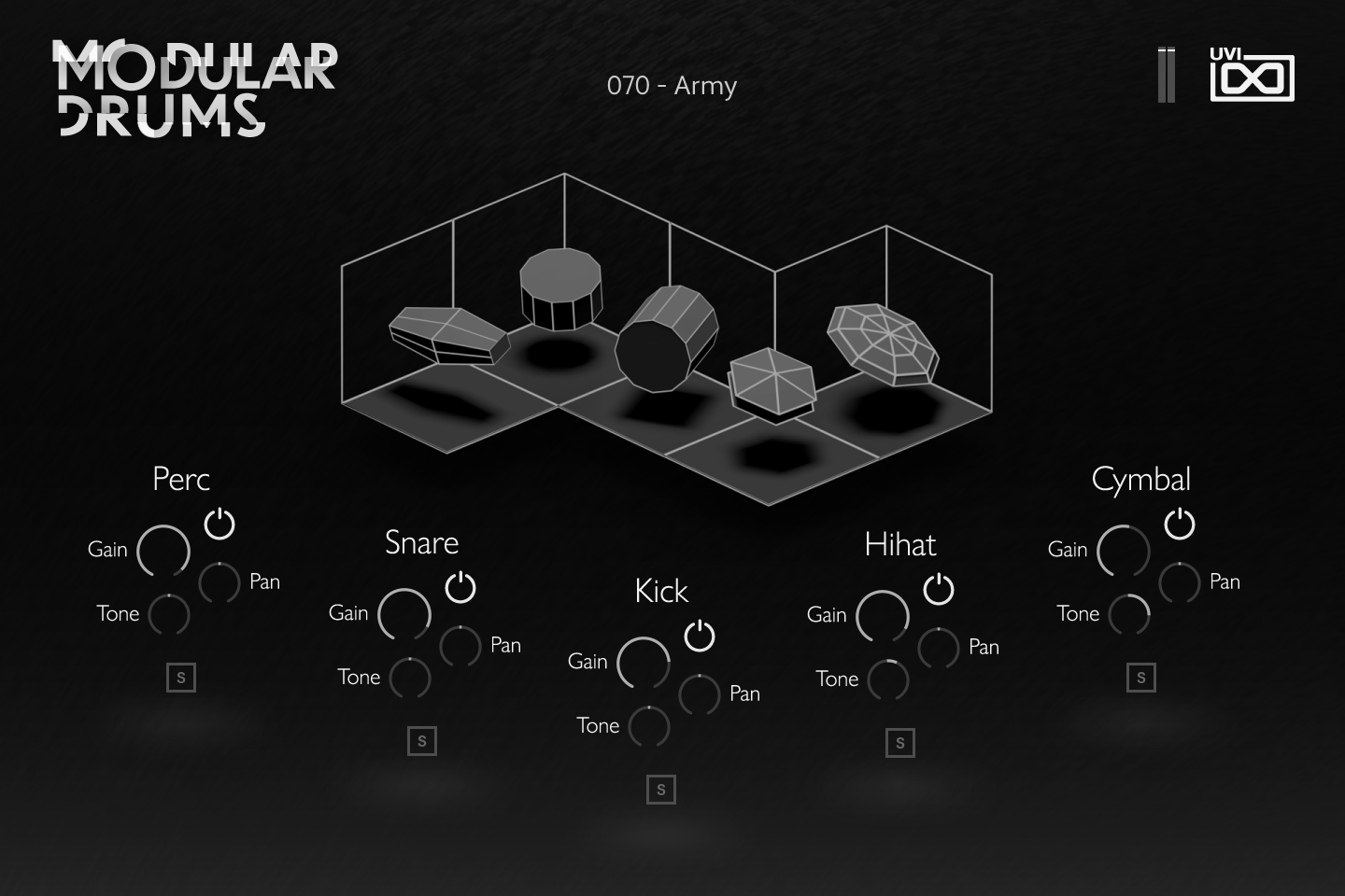 Modular Drums INFO tab — 070 - Army preset