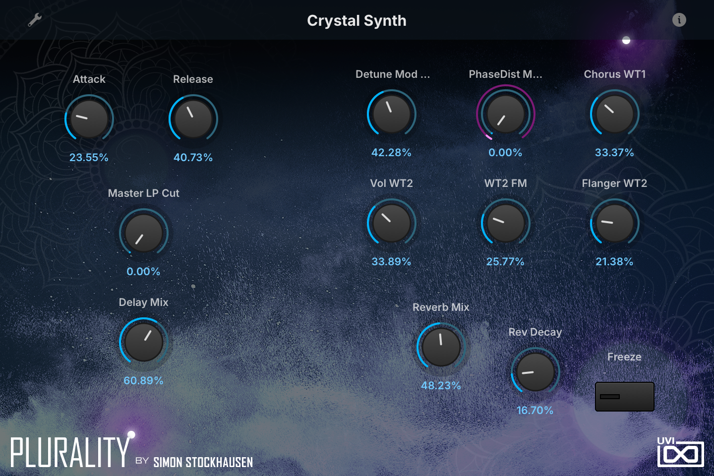 Plurality INFO tab — Crystal Synth preset