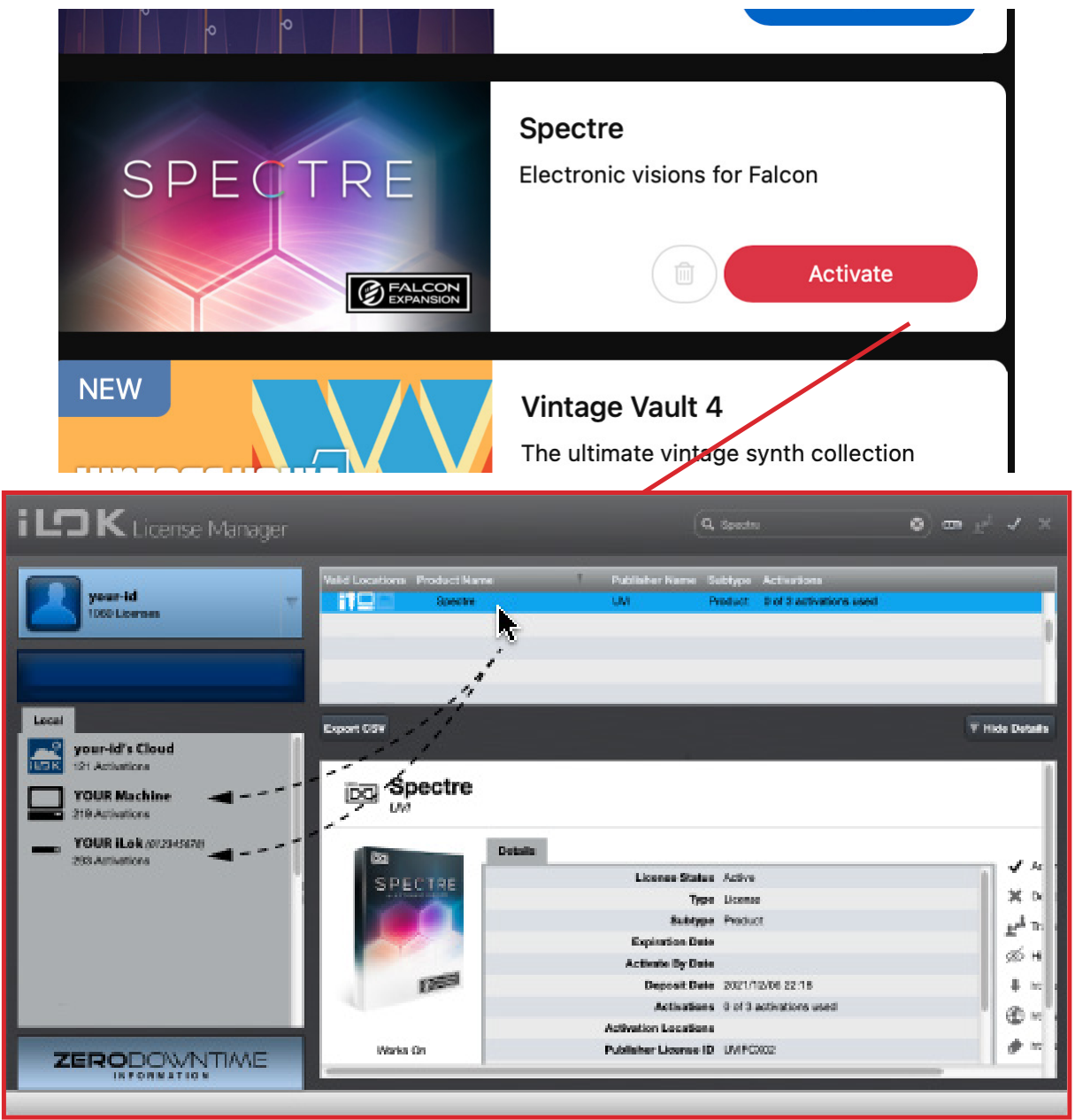 Le bouton Activate ouvre iLok License Manager, où la licence est glissée vers un appareil