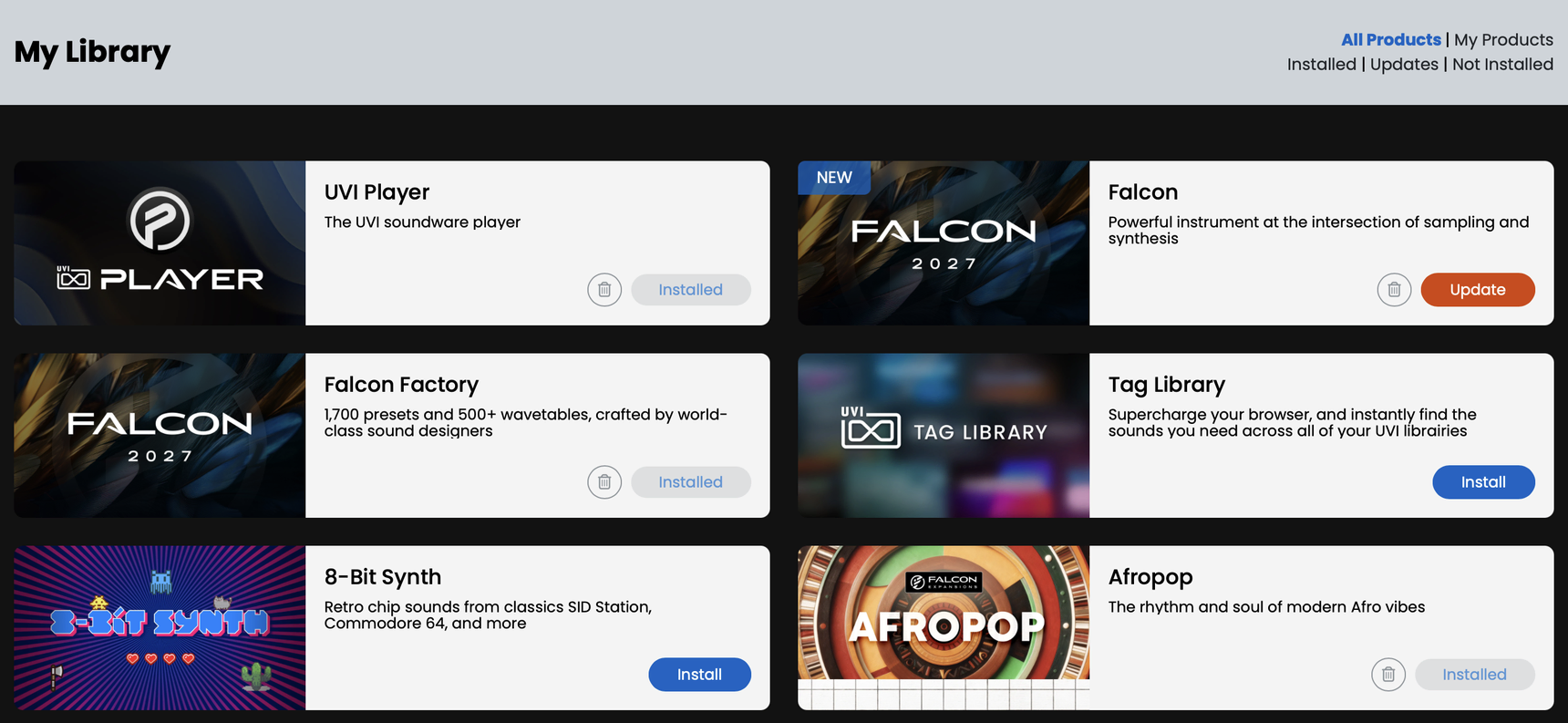 My Library, avec les boutons Install et Register