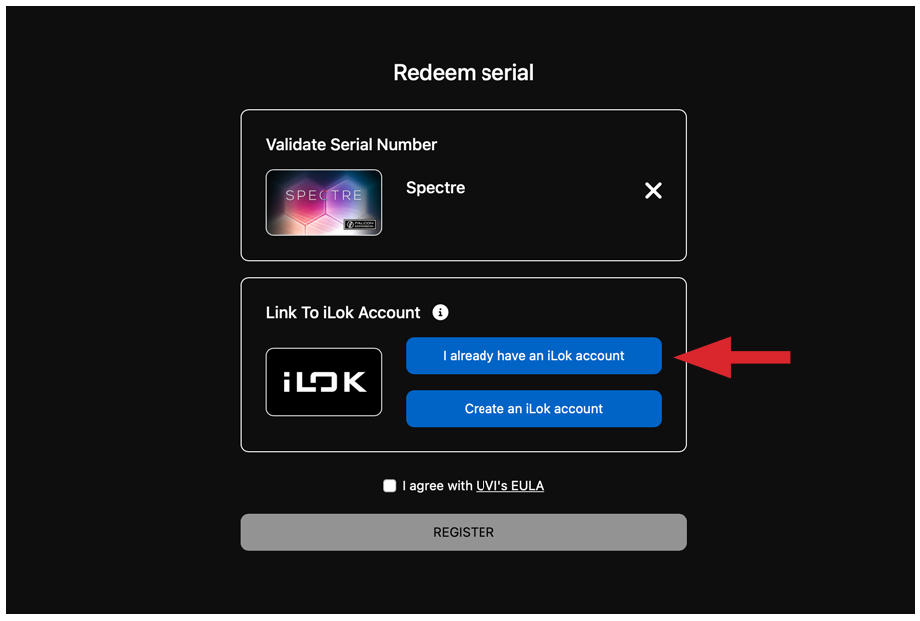 Panneau Redeem serial, Link To iLok Account