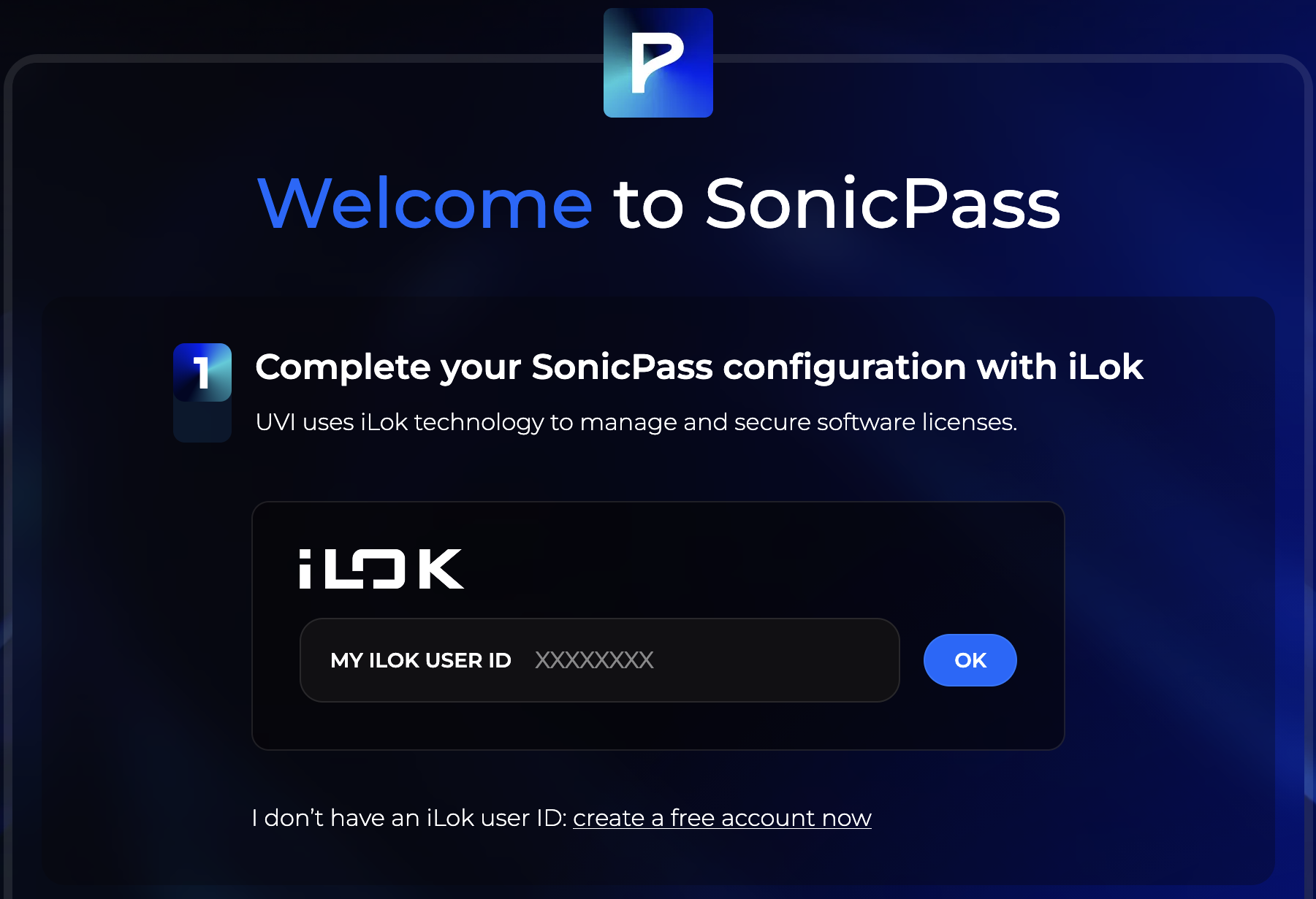 Page d’accueil SonicPass, champ du compte iLok