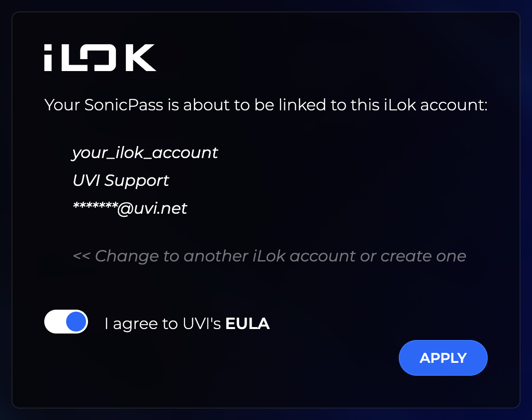 Confirmation de l’association SonicPass, avec l’option d’acceptation de l’EULA et le bouton Apply