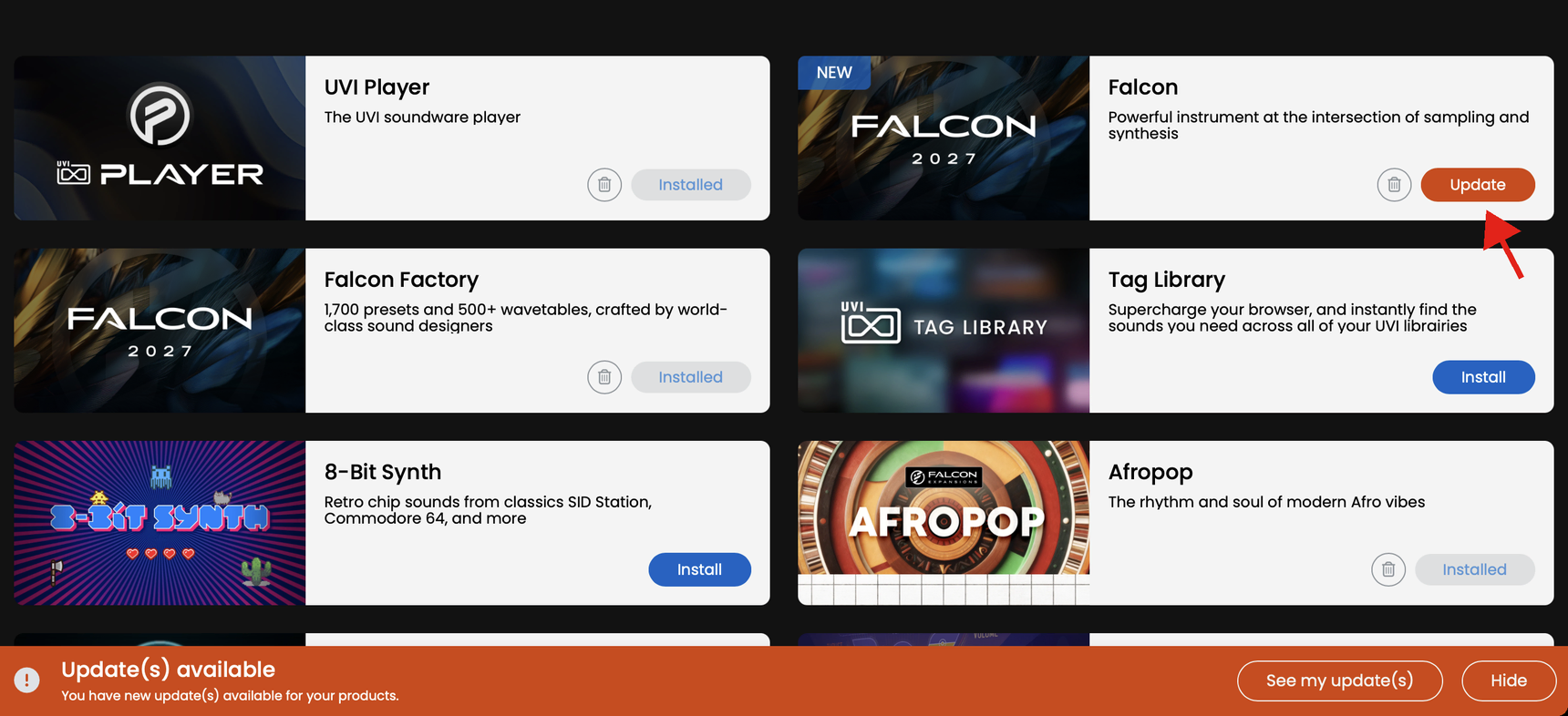 Boutons Update et notification des mises à jour disponibles