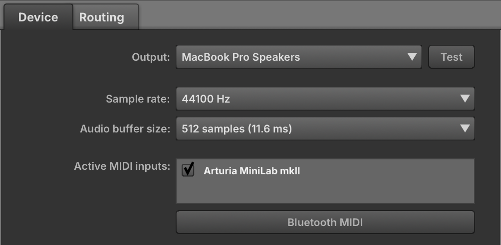 Audio/MIDI Settings, Device page